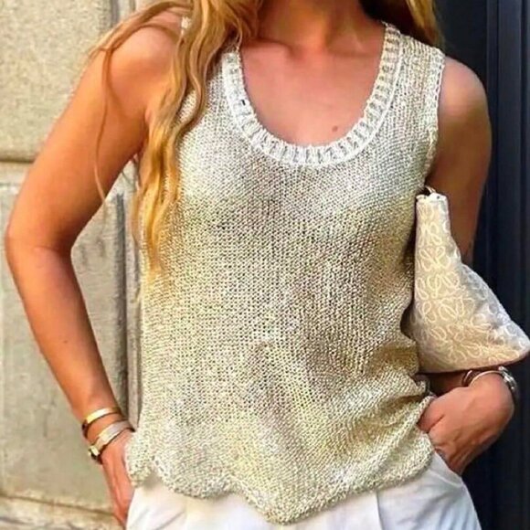 Gold Casual Women's Cute Sparkly See Through Textured Round Neck top - Picture 7 of 8